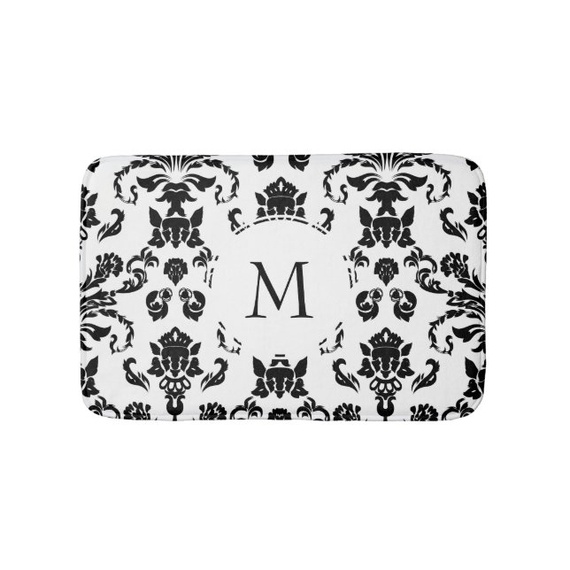 Elegant Black Damask Monogram Badematte (Vorderseite)