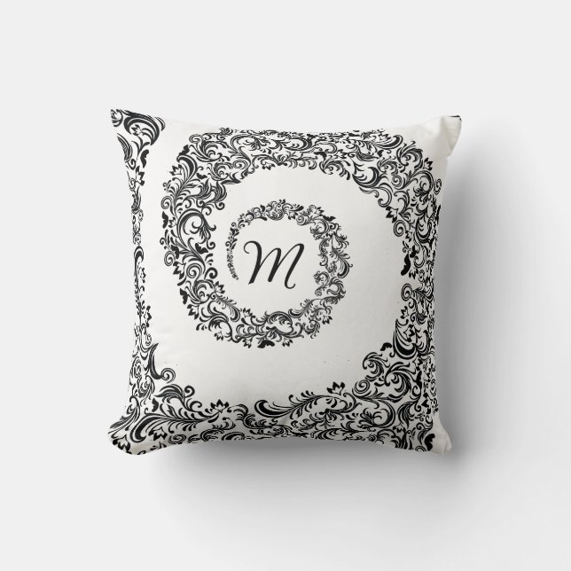Elegant Black Damask Monogram Kissen (Vorderseite)
