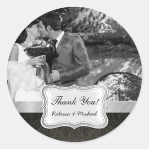 Elegant Black Damask Wedding Foto Vielen Dank Runder Aufkleber