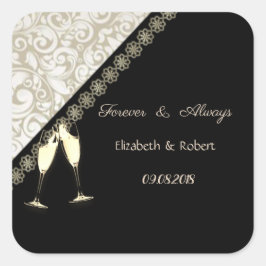 Elegant Black, Damask Wedding Quadratischer Aufkleber