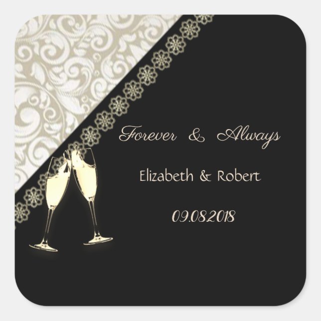 Elegant Black, Damask Wedding Quadratischer Aufkleber (Vorderseite)