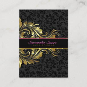 Elegant Black Damasks Gold Floral Lace Visitenkarte