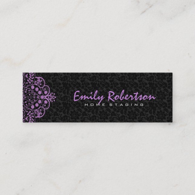Elegant Black Damasks Lila Vintage Spitze Mini Visitenkarte (Vorderseite)