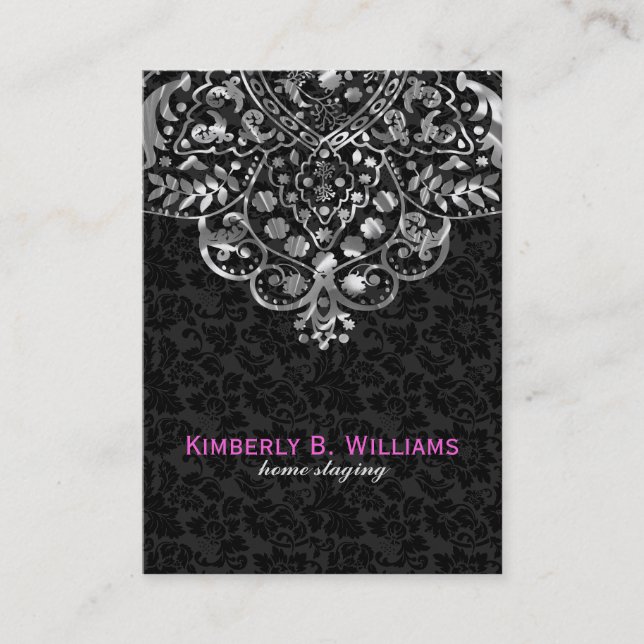 Elegant Black Damasks Silver Metallic Vintage Spit Visitenkarte (Vorderseite)