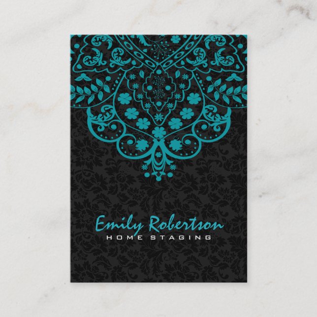 Elegant Black Damasks Türkis Blue Vintag Lace Visitenkarte (Vorderseite)