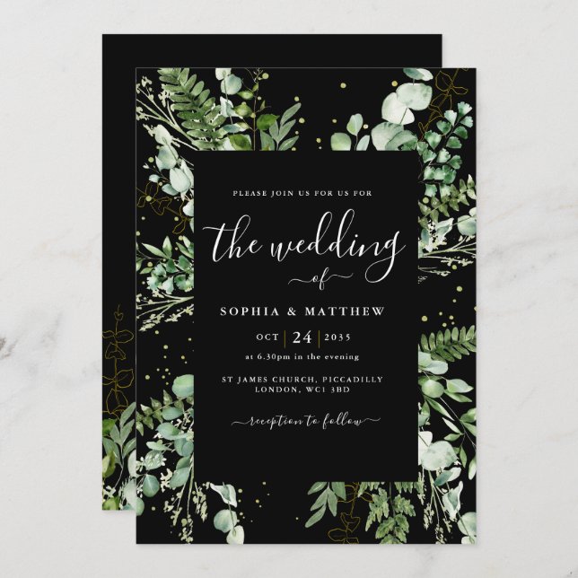 Elegant Black & Eucalyptus Wedding Einladung (Vorne/Hinten)