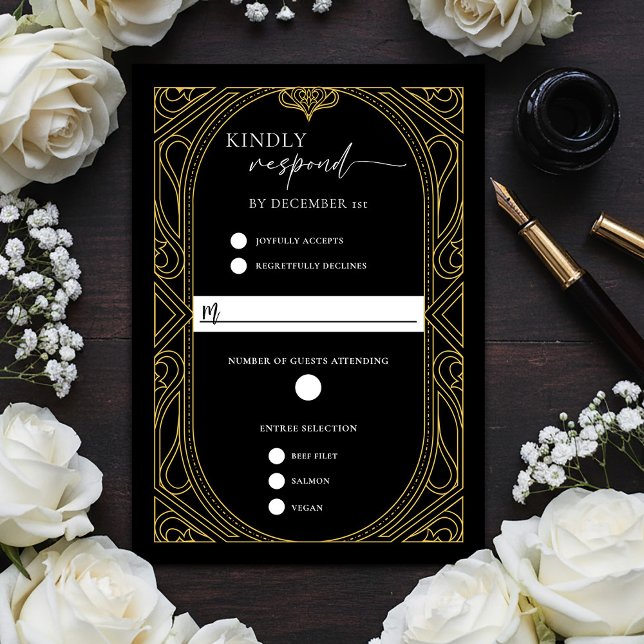 Elegant Black Faux Gold Art Deco Response Card RSVP Karte (Elegant Black Faux Gold Art Deco RSVP Response Card)