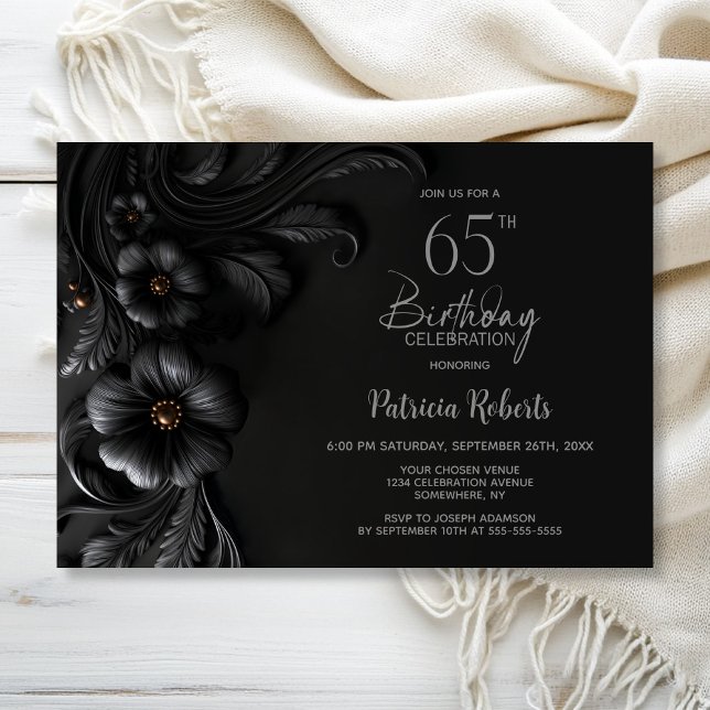 Elegant Black Floral 65th Birthday Party Einladung (Von Creator hochgeladen)