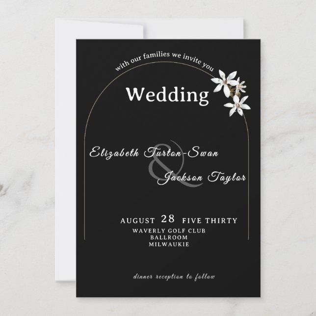 Elegant Black Floral Arch Typography Wedding Einladung (Vorderseite)