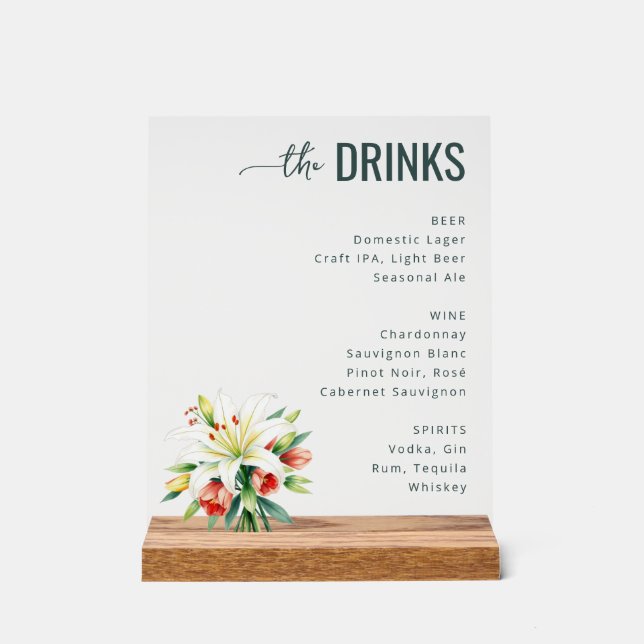 Elegant Black Floral Beverage Menu Acrylschild (Vorderseite)