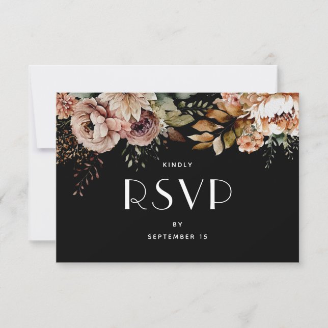 Elegant Black Floral Boho Wedding | Wahl RSVP Karte (Vorderseite)