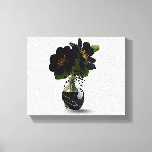 Elegant Black Floral Bouquet in Marble Vase. Leinwanddruck (Vorderseite)