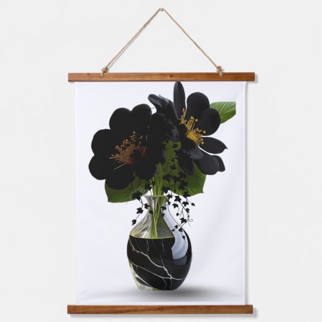 Elegant Black Floral Bouquet in Marble Vase. Wandteppich Mit Holzrahmen (Vorderseite)