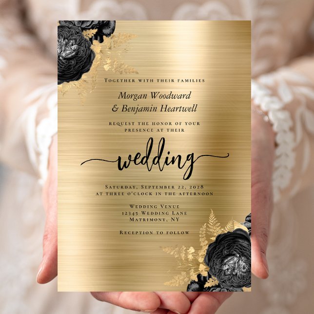 Elegant Black Floral Gold Brushed Metal Wedding Einladung (Von Creator hochgeladen)