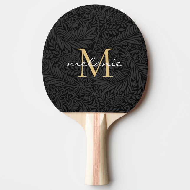 Elegant BlacK Floral Gold Script Monogram Tischtennis Schläger (Vorderseite)