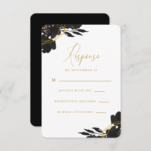 Elegant Black Floral Gold Wedding Rsvp (Vorne/Hinten)