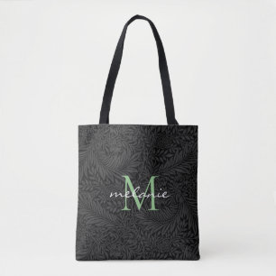 Elegant Black Floral Green Script Monogram