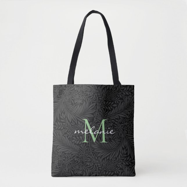 Elegant Black Floral Green Script Monogram (Vorderseite)