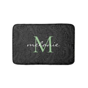 Elegant Black Floral Green Script Monogram Badematte