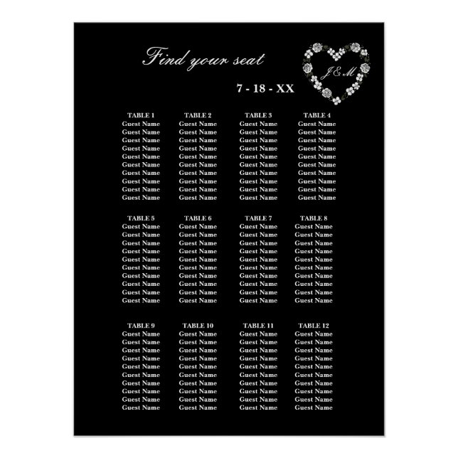 Elegant Black Floral Heart 12 Tables Wedding Seati Poster (Vorderseite)