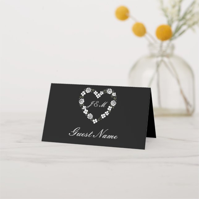Elegant Black Floral Heart Wedding Place Card Platzkarte (Vorderseite)