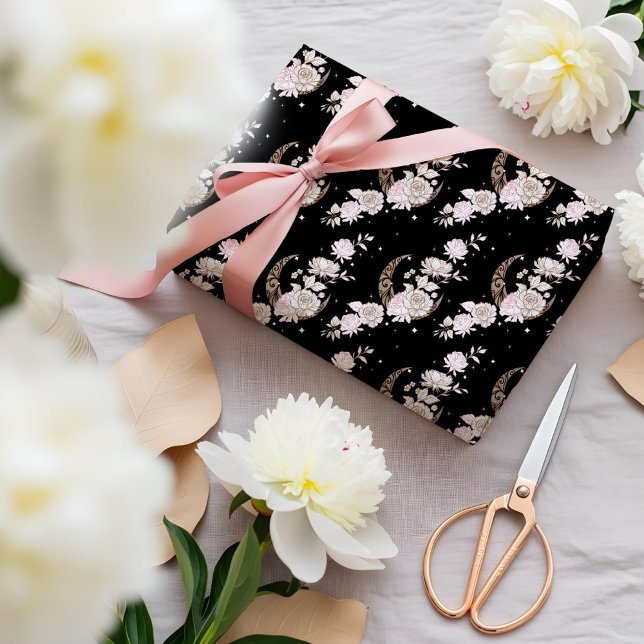 Elegant Black Floral Peony Celestial Moon & Stars Geschenkpapier (Elegant Black Floral Peony Celestial Moon & Stars Wrapping Paper)