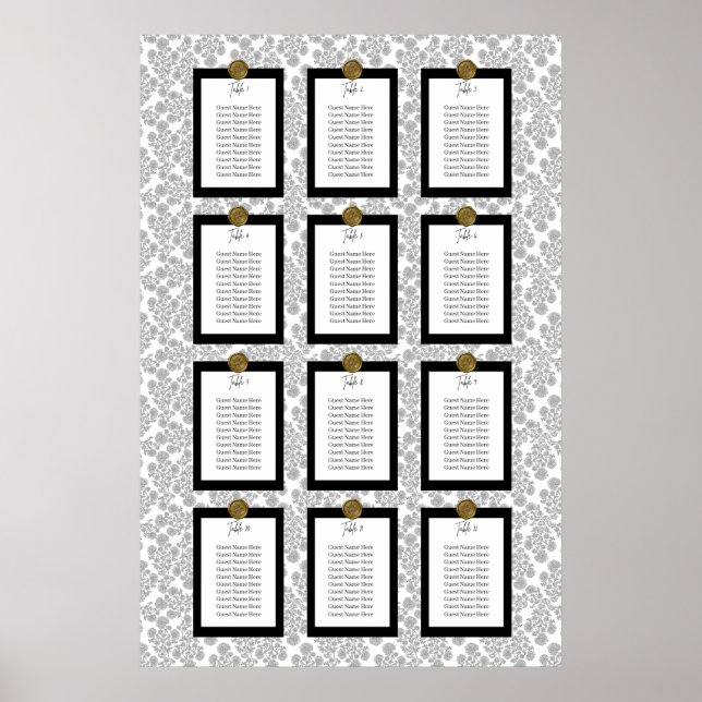 Elegant Black Floral Toile Seating Chart Poster (Vorne)