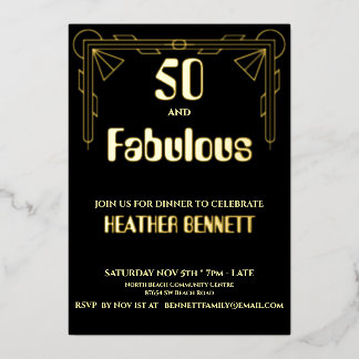 Elegant Black Foil Art Deco 50 Fabulous Birthday Folieneinladung