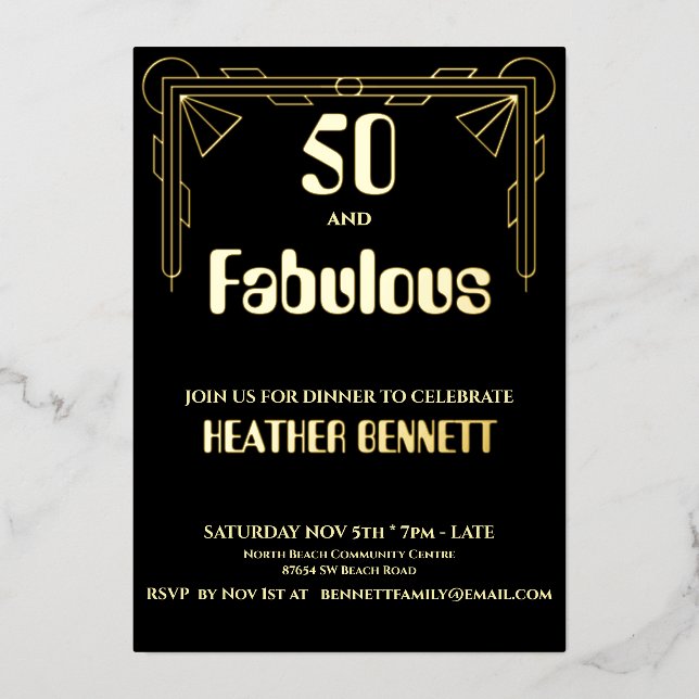Elegant Black Foil Art Deco 50 Fabulous Birthday Folieneinladung (Vorderseite)