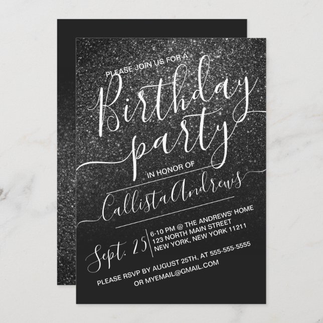 Elegant Black Funkelnd Glitzer Ombre Birthday Einladung (Vorne/Hinten)
