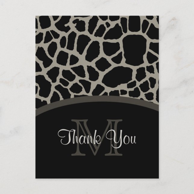 Elegant Black Giraffe Print Monogram Vielen Dank Postkarte (Vorderseite)
