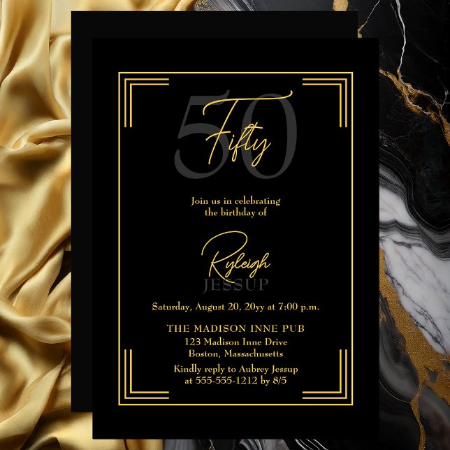Elegant Black Gold 50th Birthday Art Deco Party Einladung (Elegant black and gold 50th birthday invitation with refined Art Deco frame)