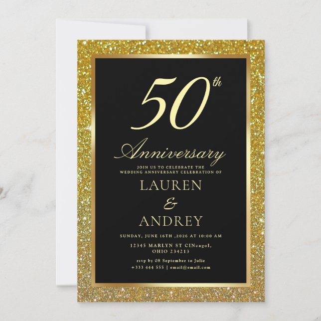 Elegant Black Gold 50th Wedding Anniversary Einladung (Vorderseite)
