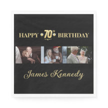 Elegant Black & Gold 70th Birthday Photo Napkin