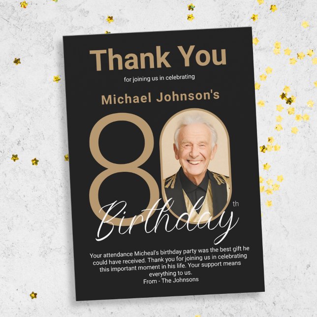 Elegant Black Gold 80. Geburtstag Dankeskarte (Elegant Black Gold 80th Birthday Thank You Card)