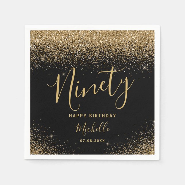 Elegant Black Gold 90. Geburtstag Glitzer Name Serviette (Vorderseite)