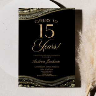 Elegant Black Gold Agate 15. Geburtstagsparty Einladung