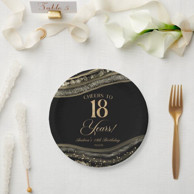 Elegant Black Gold Agate 18th Birthday Party Pappteller (Hochzeit)