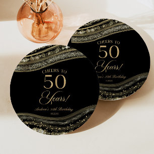 Elegant Black Gold Agate 50. Geburtstagsparty Pappteller