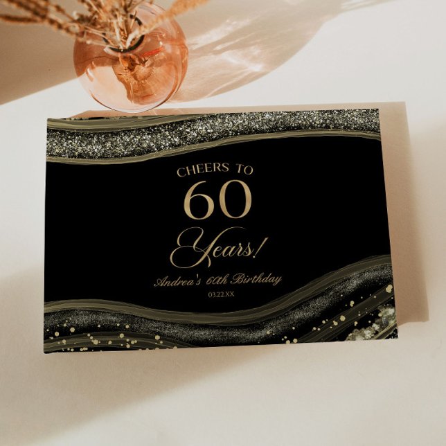 Elegant Black Gold Agate 60th Birthday Party Gästebuch (Von Creator hochgeladen)