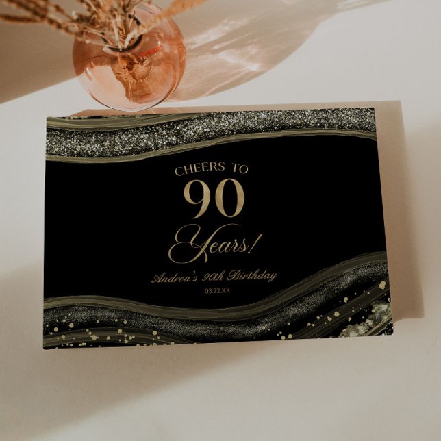 Elegant Black Gold Agate 90th Birthday Party Gästebuch (Von Creator hochgeladen)