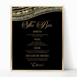 Elegant Black Gold Agate Party Bar Menu Sign Poster