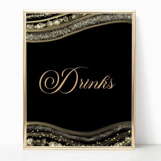 Elegant Black Gold Agate Party Drinks Sign Poster (Von Creator hochgeladen)