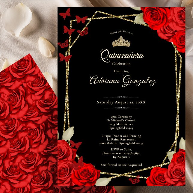 Elegant Black Gold and Red Roses Quinceanera  Einladung (Von Creator hochgeladen)