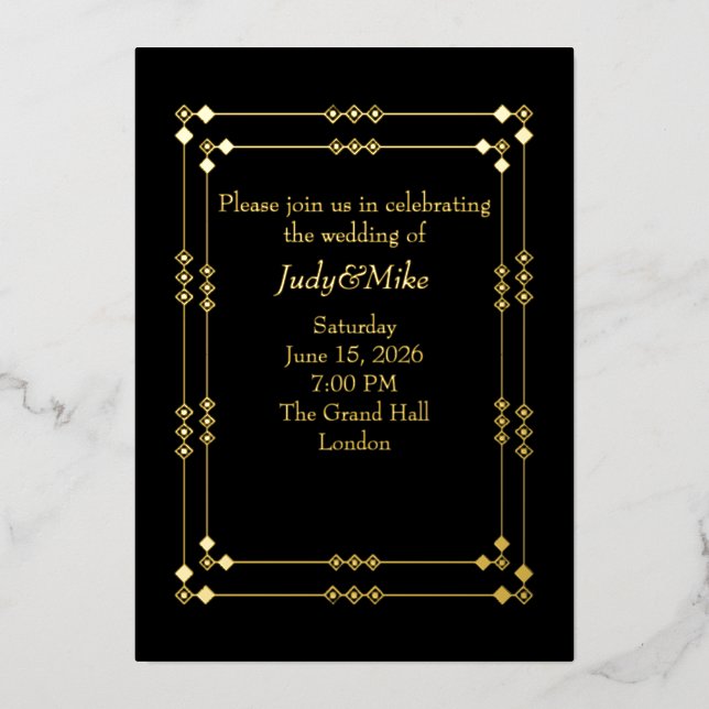 Elegant Black & Gold Art Deco Foil Invitation Folieneinladung (Vorderseite)