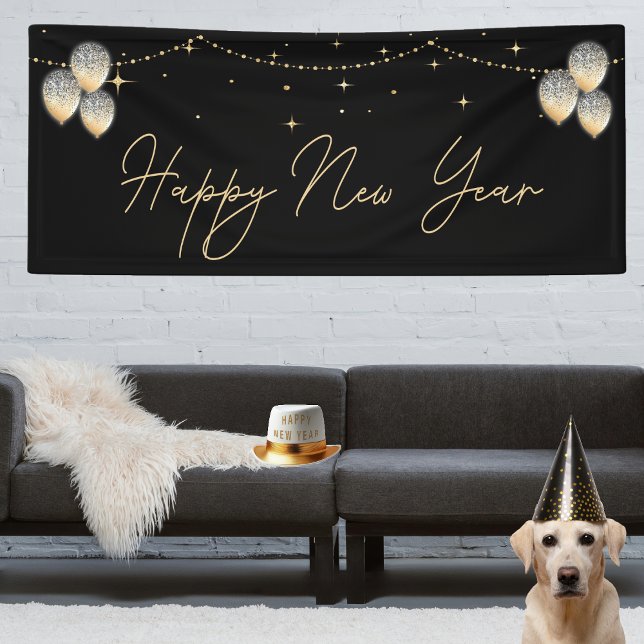 Elegant Black Gold Ballon Happy New Year Banner (Chic black and gold Happy New Year party banner. twinkling accents, ideal for holiday celebration)