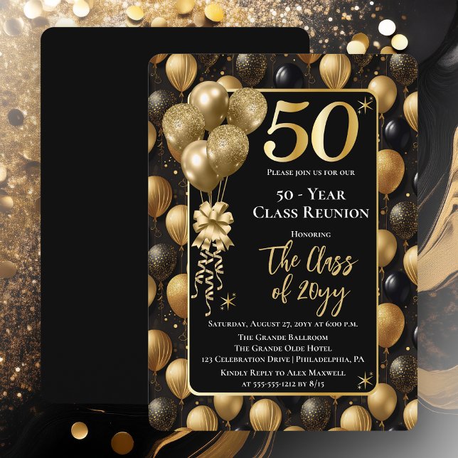 Elegant Black Gold Balloons 50 Year Class Reunion Einladung (Elegant 50 Year Black and Gold Tone Faux Glitter Balloons Class Reunion Invitations)