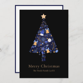 Elegant Black Gold Blue Script Christmas Tree Feiertagskarte
