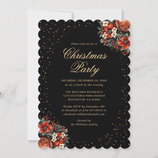 Elegant Black Gold Botanical Christmas Party Einladung (Vorderseite)