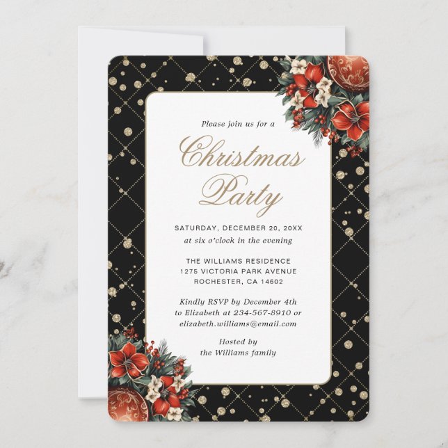 Elegant Black Gold Botanical Christmas Party Einladung (Vorderseite)